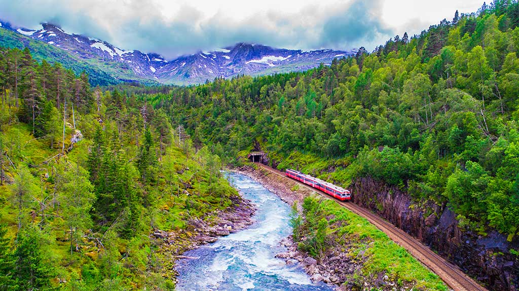 Kereta api Oslo - Bergen di antara pegunungan di Norwegia.